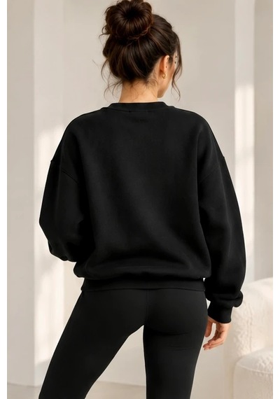 Bbbutikbasic Kadın Kuzu Nakışlı Bisiklet Yaka 3 İplik Sweatshirt My3535 siyah