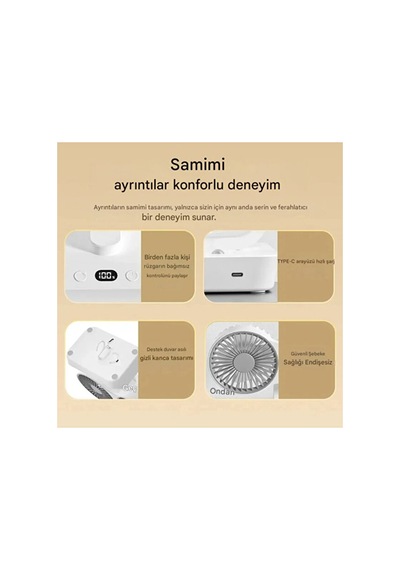 Hr001 Çift Kafalı Vntilatör Otomatik Salınımlı Şarjlı Masaüstü Ve Duvara Asılabilir Fan Serinletici Led Işıklı Mini Klima