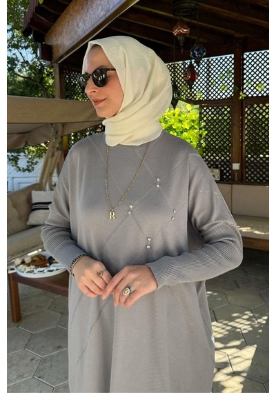 Rabia Şamlı Melda Triko Tunik Gri Çok Renkli