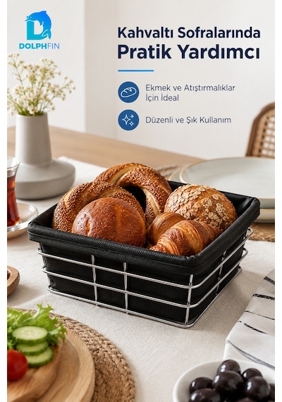 Çok Amaçlı Metal Ekmek Sepeti Kumaş İç Kaplamalı Kare 21x21 Cm Siyah