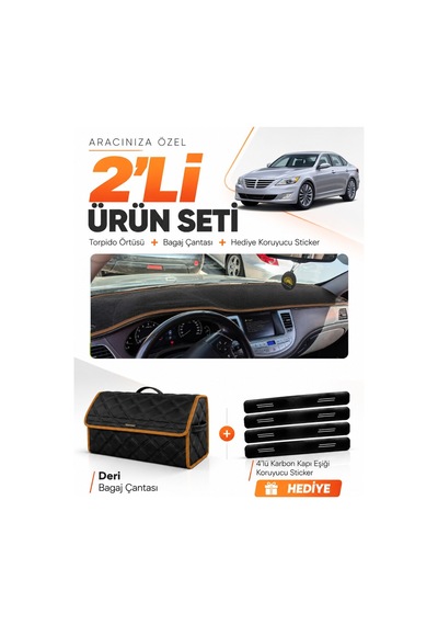 Hyundai Genesis 2008-2014 Uyumlu Torpido Örtüsü + Deri Bagaj Çantası + Sticker - Siyah Kahverengi