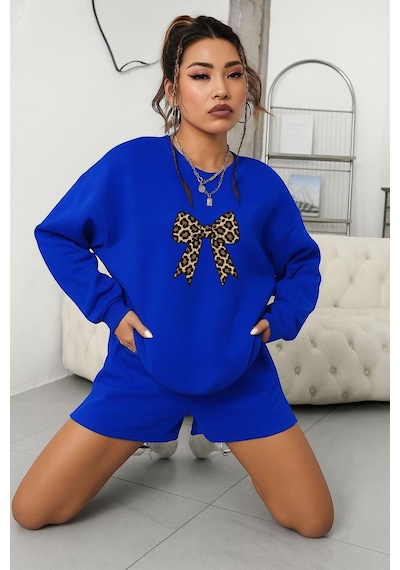 Benroma 3 İplik Penye Kurdela Baskılı Unisex Sweatshırt Saks Mavisi