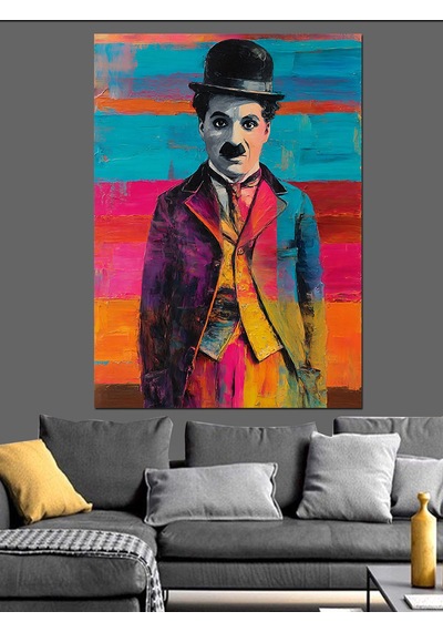 Ahşap Tablo Renkli Charlie Chaplin Portresi
