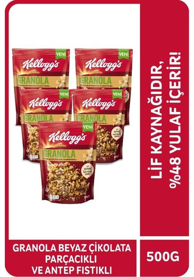 Kellogg's Antep Fıstıklı ve Beyaz Çikolata Parçacıklı Granola 5 x 500 G