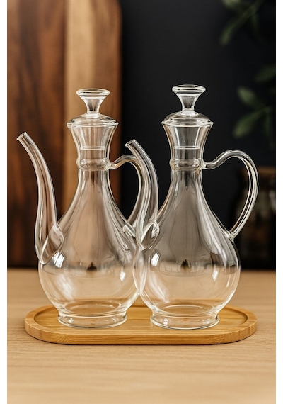 Reoona Borosilikat Cam Glorry Yağlık Yağdanlık Ve Sirkelik 2'li Set 700 Ml +700 Ml Bambu Standlı Şeffaf - Şeffaf