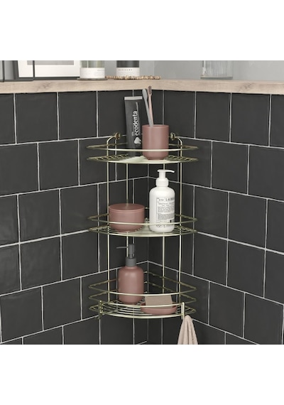 Teknotel Üç Katlı Kancalı Banyo Köşe Rafı Altın Sarı Bk023H Çok Renkli