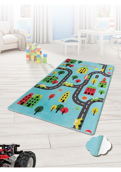Road 100X160 Mavi Çocuk Ve Bebek Halısı