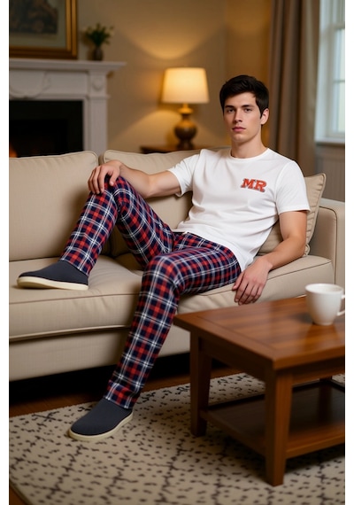 Frm Erkek Baskılı Bisiklet Yaka Ekose Pijama Takımı Fonksiyonel Dayan Ekru