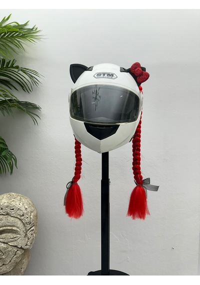 Motor & Motosiklet Kırmızı Simli Çift Örgü Saç Ve Kırmızı Fiyonklu Kedi Kulak Set Kask Dış Aksesuarı Diğer