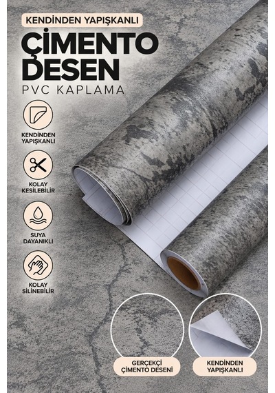 Deconitte Kendinden Yapışkanlı Antrasit Gri Beton Desenli Pvc Folyo Mobilya Dolap Masa Tezgah Kaplama 60x100cm