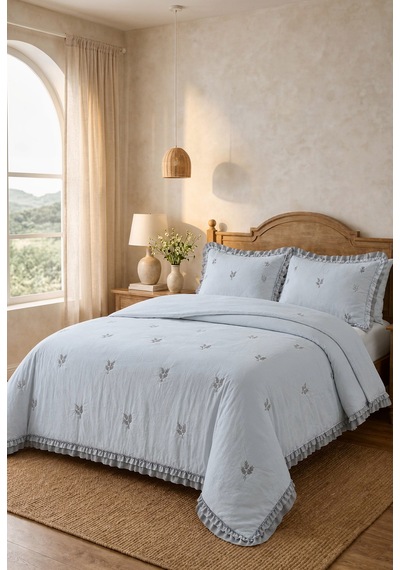 Perla Gri Nakışlı Çift Kişilik Yatak Örtüsü Takımı 3 Parça 240x260 Cm Açik Gri