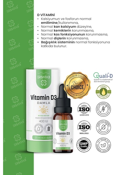 Erbatab Kids Vitamin D3 400 Iu Damla 20 ML Erbatab Kids Vitamin D3 400 Iu Damla 20 ML