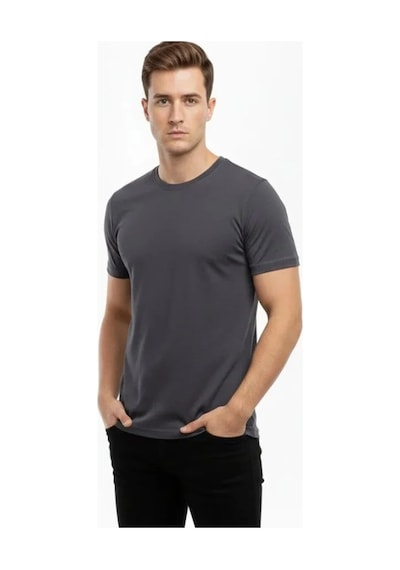 Butik İstanbul Erkek T-shirt Bisiklet Yaka Slim Fit Dar Kesim Likralı Tişört Günlük Basic Body - Füme