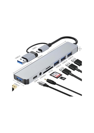 Mt96 Otg Kablolu Çoklayıcı Type-c Usb Girişli 8in1 Adaptör Hub Çoğaltıcı Kart Okuyucu Aux