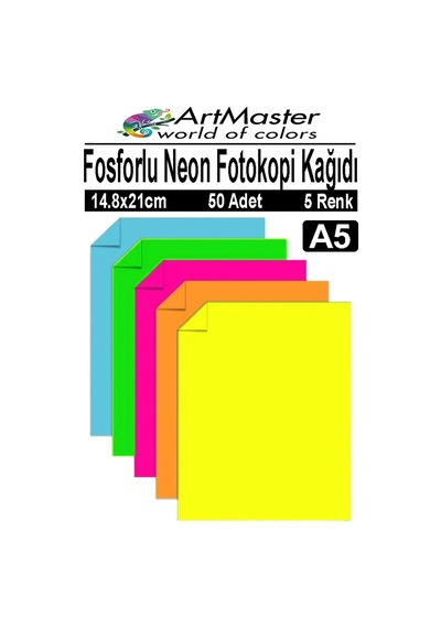 Fosforlu Neon Renkli A5 Fotokopi Kağıdı 50 Adet 1 Paket 14.8x21 Cm Fosforlu 5 Renk Parlak Canlı Renkler Neon Fotokopi