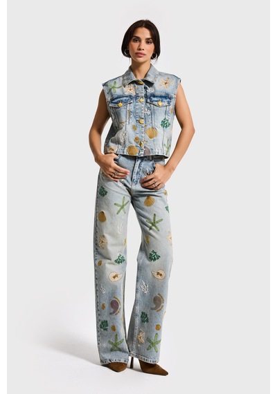 Itsbasic Kadın Kot Rengi 4s6-65 Straight Fit Elastan Kumaş Özel Desen Nakışlı Tasarım Denim Jean Mavi