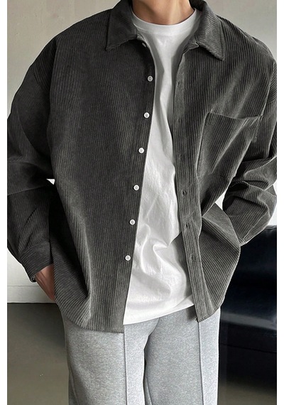 Genius Store Erkek Gömlek Fitilli Kadife Oversize Gömlek Yaka Cepli Uzun Kollu Ceket Gömlek Füme