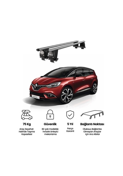 Royal Renault Grand Scenic 2017 Ve Sonrası Uyumlu Gri Kilitli Ara Atkı Port Bagaj Tavan Barı
