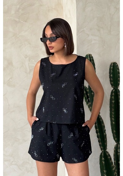 Verymoda Fiyonk Taş Baskılı Kolsuz Bluz D2904 Siyah