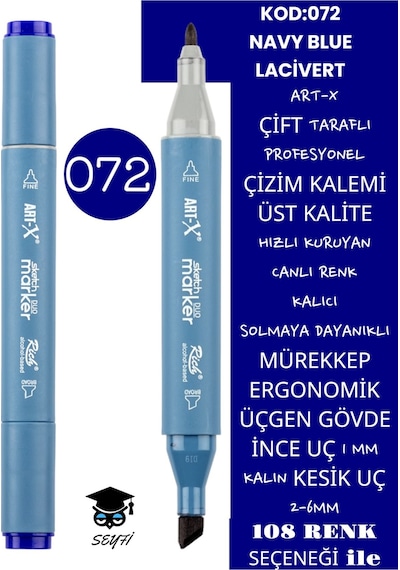 Çift Taraflı Profesyonel Çizim Kalemi Kalıcı Mürekkep Üçgen Gövde İnce Uç 1 Mm Kesik Uç 2-6mm Sketch 072-lacivert