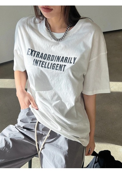 Kadın Beyaz Oversize Extraordinarily Baskılı Örme T-shirt Beyaz