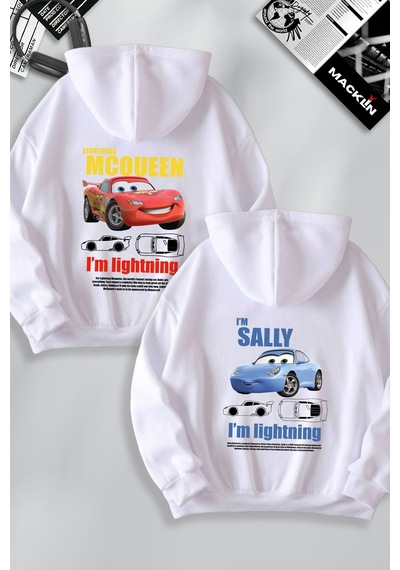 Macklin Sevgili Çift Kombin Şimşek Mcqueen Ve Sally Baskılı Özel Tasarım Kapüşonlu Sweatshirt 2li Set Takım Beyaz Mck0779 Beyaz