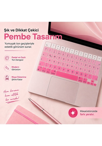 Macbook Air 13.6 İnç M2 M3 M4 M5 A2681 A3113 A3240 A3449 Uyumlu Türkçe Q Klavye Koruyucu Pembe Ombre Diğer