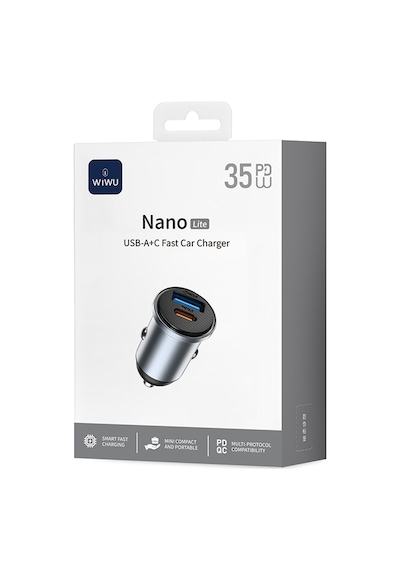 Wiwu Wi-cc030 Nano Lite Type-c + Usb-a Hızlı Şarj Akım Korumalı Araç Şarj Aleti Pd Ve Qc3.0 35w Gri