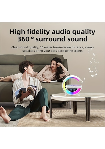 Geeksen Bluetooth Hoparlörlü, 15w Kablosuz Şarjlı, Renkli Ortam Işıklı Çok Fonksiyonlu Led Masa Lambası Ve Alarmlı Saat