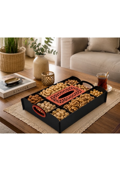 45x33 Cm Ahşap Kuruyemiş Sunum Tepsisi Ve Peçetelik Lazer Kesim Mdf Servis Tepsisi Siyah