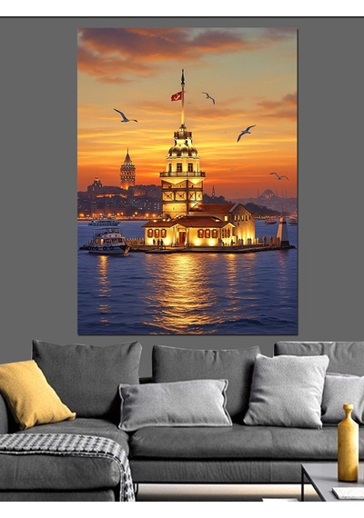 Ahşap Tablo Gece Işıkları Altında İstanbul Kız Kulesi
