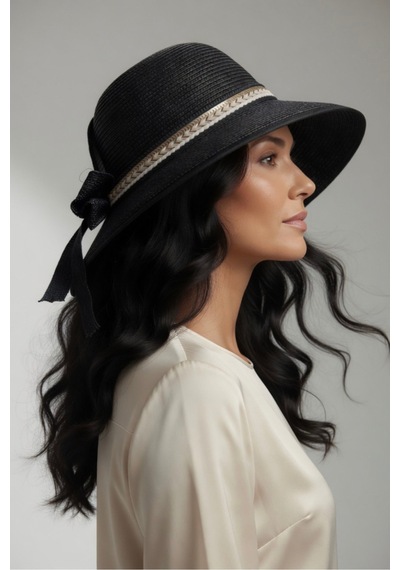Mollycrush Kadın Siyah Kurdele Detaylı Hasır Güneş Şapkası L Günlük Ve Plaj Kullanımına Uygun Cloche Model Siyah