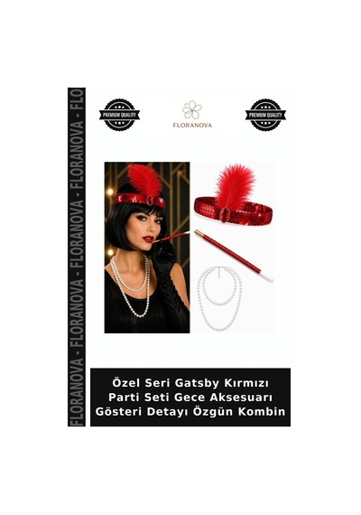 Floranova Özel Seri Gatsby Kırmızı Parti Seti Gece Aksesuarı Gösteri Detayı Özgün Kombin
