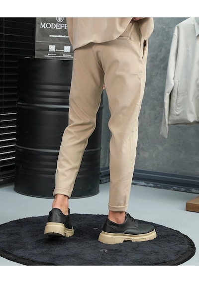 Modefendi Düz Kumaş Oversize Fermuarlı Alt Üst Jogger Takım Bej