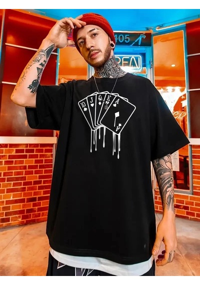 Erkek Kısa Kol Yazlık Tişört Bisiklet Yaka Kart Baskılı T-shirt - Siyah