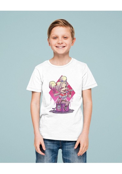 Sevbano Harley Quinn Joker Baskılı Unisex Film Karakteri Çocuk Tişört 1- Beyaz