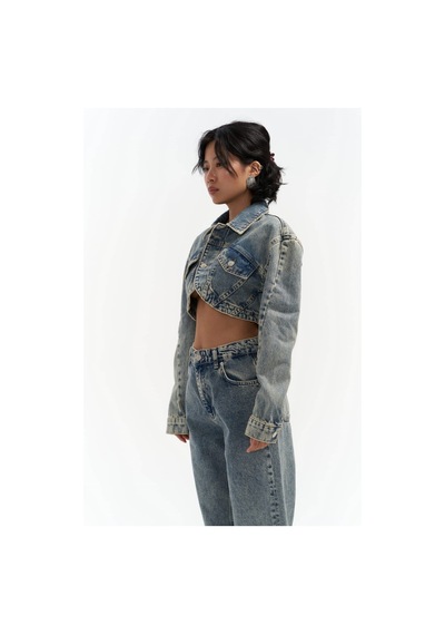 Mai Collection Mai Studios Co. Cali Çapraz Detay Kirli Yeşil Crop Jean Ceket Mavi