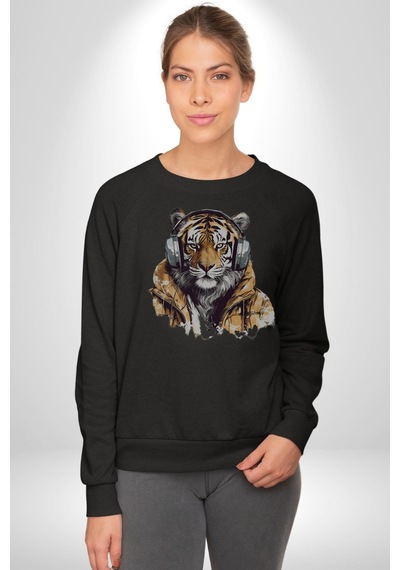 Müzik Dinleyen Kaplan İnsan Mont Unisex Siyah Baskılı Sweatshirt Siyah