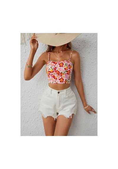Bella Notte Retro Çiçek Baskılı Sırt Dekolteli Crop Bluz Pembe