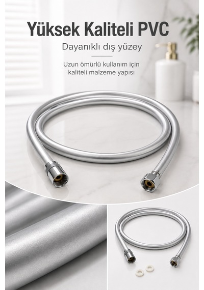 Gümüş Pvc Duş Hortumu 150 Cm Dolanmaz 360 Döner Başlıklı Yüksek Basınçlı İnox Banyo Spirali