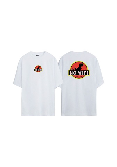 Thewert Unisex No Wifi Dinazor Oyunu Ön Arka Baskılı Beyaz Oversize T-shirt