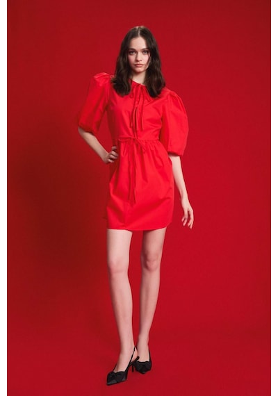 DeFacto A Kesim Bisiklet Yaka Bağcıklı Poplin Kısa Kollu Midi Abiye Elbise E7332AX25SPRD59