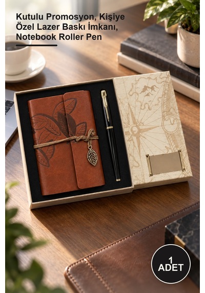 1 Adet Derili Defter Ve Siyah Metal Kalem Seti Kutulu Promosyon, Kişiye Özel Lazer Baskı İmkanı, Notebook Roller Pen