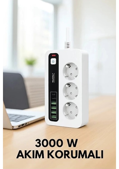 Vtn-p10 3x Priz 3000w Akım Korumalı 4x Usb 2x Type-c Girişli Çoklu Priz 2 M