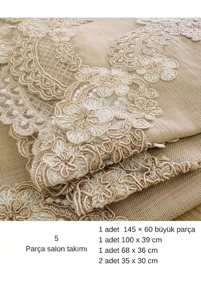 Kapiçino Firuze Model 5 Parça Keten Dantelli Runner Seti Çeyizlik Salon Takımı Sarı