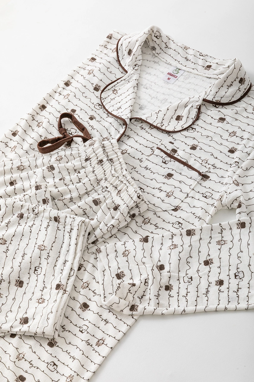 Nisanca Uzun Kol Gömlek Yaka Kadın Büyük Beden Pinterest Pijama Takımı - Mevsimlik Kadın Pijama Kahve