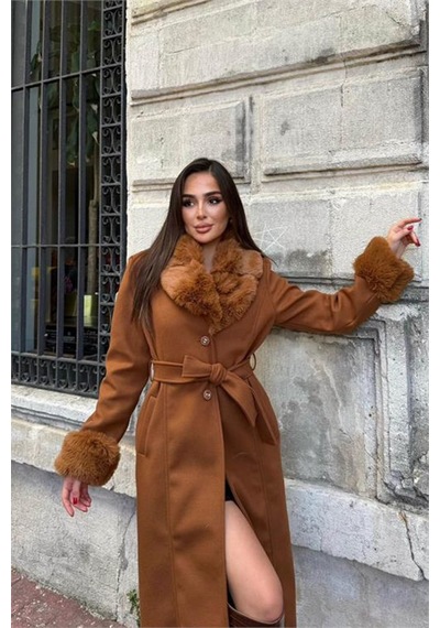 Dip Moda Neşeli Butik Kadın Taba Bilek Ve Yaka Kürk Detaylı Tam Boy Kaşe Kaban Nbstr1033