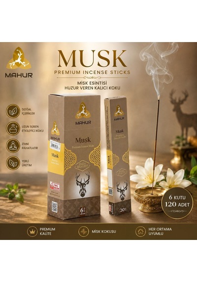 Mahur Musk Misk Tütsü 120 Adet 6 Kutu X 20 Çubuk, Premium Misk Kokulu Çubuk Tütsü, Ev Ve Ortam Kokulandırma İçin