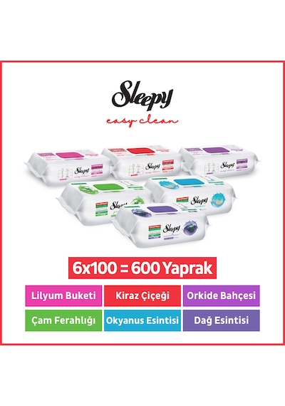 Sleepy Easy Clean Yüzey Temizlik Havlusu & Mendili Doğa-çiçek Serisi 6x100 Karma Paket Beyaz