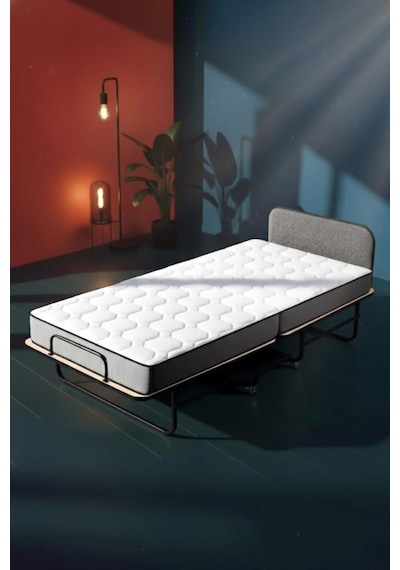 Niron Bonbon Katlanır Yatak 90x200 Cm Metal Karyola, Kapitoneli Metal Başlık, 14 Cm Sünger Yatak